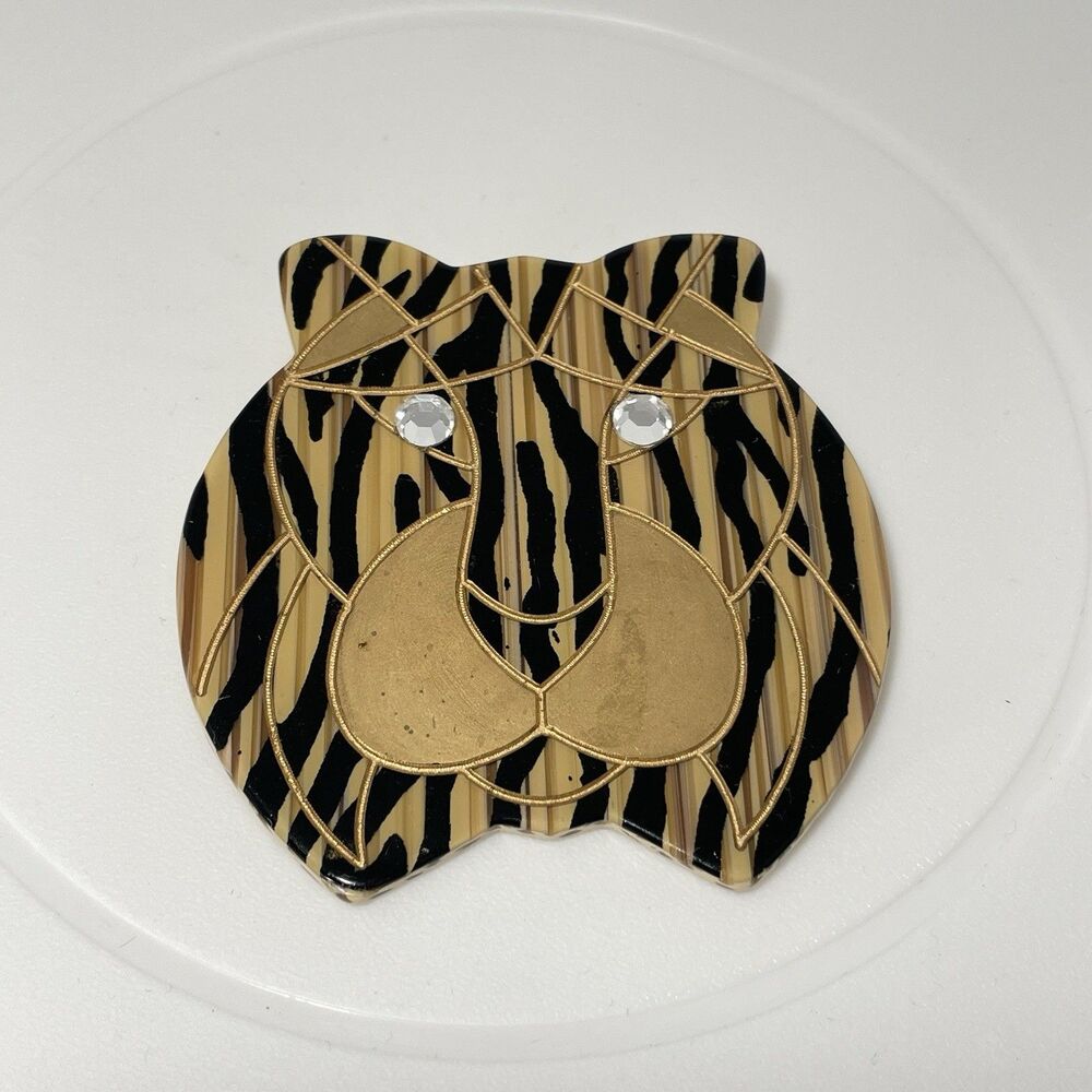 Vintage Large Oversized Rhinestone Eyed Tiger Animal Acrylic Brooch Pin